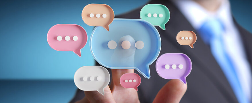 Man touching with his fingers digital speech bubbles talk icons. Minimal conversation or social media messages floating in front of businessman hand. 3D rendering