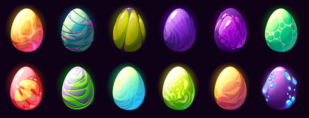 Colorful dragon eggs cartoon game assets. Magic or mythological creature, fantastic dinosaur or reptile fabulous phoenix bird color eggs, user interface elements with pimples, spots and glow shell set
