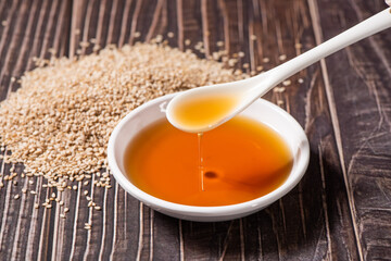  Organic sesame Oil in a plate on table