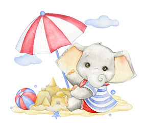 cute baby elephant, in a sailor suit, sand castle, umbrella, watercolor clipart, on an isolated background, in cartoon style. - obrazy, fototapety, plakaty
