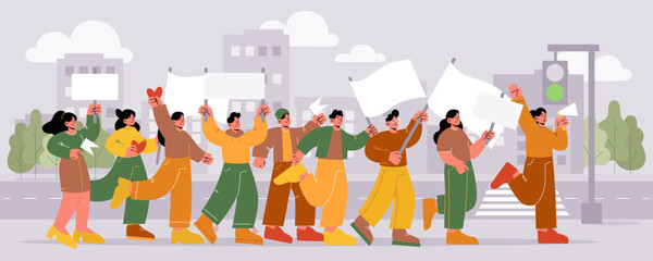 People with placards and banners protest on rally demonstration. Characters with red hearts, flags and signs crossing road at city street. Activists crowd picketing, Line art flat vector illustration