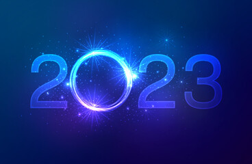 2023 New Year card template on dark blue cosmic background