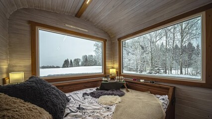 View of nicely decorated and cozy bedroom in a wooden vacation cabin in a snow covered winter landscape at daytime in timelapse.