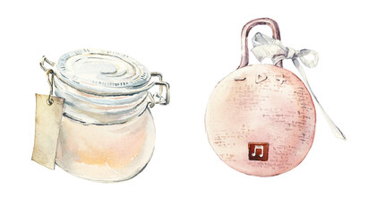 Aroma candle in a jar and an audio speaker. Cute little things. Watercolor hand drawn illustration
