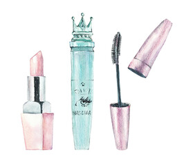 Makeup beauty cosmetics. Cute little things. Watercolor hand drawn illustration
