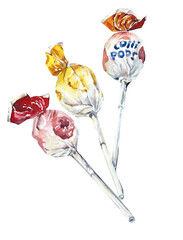 Three different lolipops. Cute little things. Watercolor hand drawn illustration