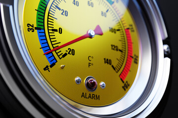 Round temperature sensor with an indicator at a critical level. 3d illustration isolated on black background