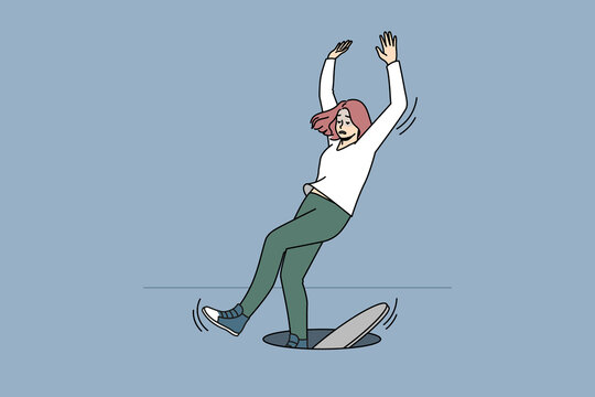 Clumsy unlucky woman fall in open hatch feel scared distressed with unpleasant accident. Female dangerous event or misfortune outdoors. Concept of risky affair or failure. Vector illustration. 