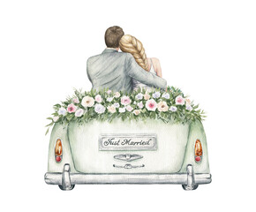 Just married couple in a vintage wedding car. Watercolor hand painted wedding romantic illustration on white background. Groom and bride. Romantic graphics for invitation, save the date, cards
