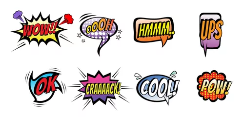 Foto op Plexiglas Comic speech bubbles set with different   emotions and text Wow, Oooh, Hmmm, Ups,Ok,   Crack,Cool,Pow. Colorful comic chat bubbles   isolated on white background.  © Vio