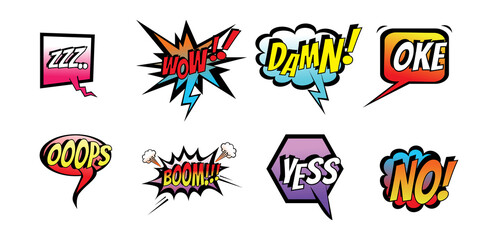 Comic speech bubbles set with different 

emotions and text Zzz, Wow, Damn,Oke,Ooops, 

Boom,Yess,No. Colorful comic chat bubbles 

isolated on white background.
