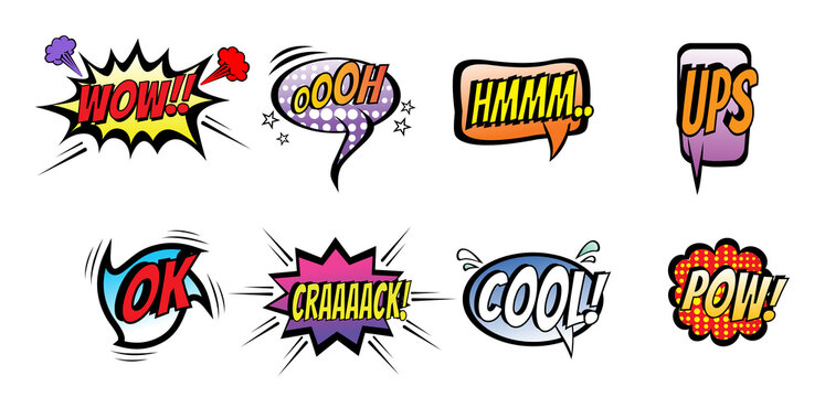 Comic speech bubbles set with different 

emotions and text Wow, Oooh, Hmmm, Ups,Ok, 

Crack,Cool,Pow. Colorful comic chat bubbles 

isolated on white background.
