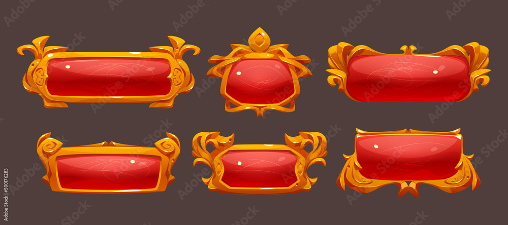Poster game buttons with fantasy gold frames. vector cartoon set of empty old red banners with fancy golden
