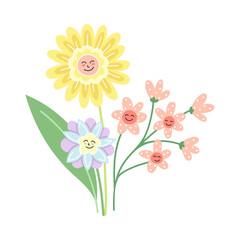 Smiling Flowers on Stalk with Petal and Green Leaf Vector Illustration