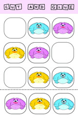 worksheet vector design, the task is to cut and glue a piece on colorful  monsters.  Logic game for children.