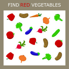 Find red-colored vegetables among the multi-colored ones. Children's educational game.