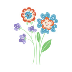 Smiling Flowers with Petal on Green Stem with Leaf Vector Illustration