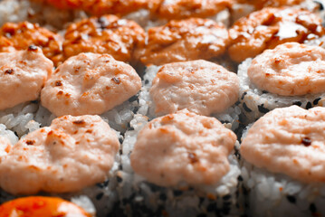 Set of hot baked roll yaki maki, macro. Close-up Japanese traditional cuisine, sea food. Selective focus, low angle view