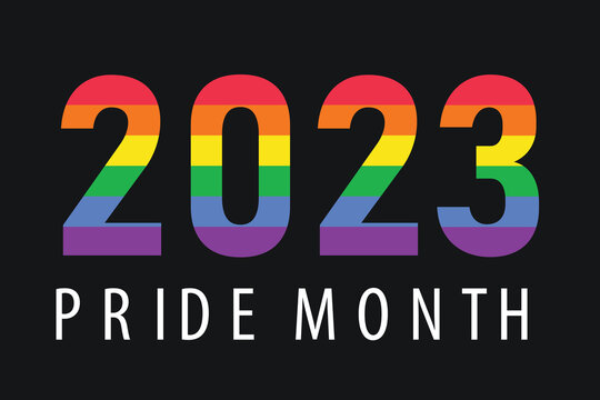 2023 in rainbow LGBTQ flag colors isolated on black background. Vector logo symbol of LGBTQ pride month 2023, template for banner, card, poster with text.