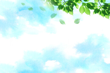 風に舞い上がる若葉（水彩タッチの背景）