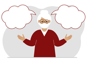 A grandmother with a medical mask is trying to make the right decision. Left and right are empty bubbles. Comparison of the two solutions.