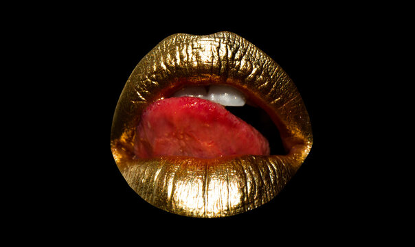 Lips icon. Shine golden style for sexy lips. Gold paint on lip. Golden sensual woman mouth. Metallic creative art lipstick close up. Gold concept. Isolated woman golden mouth with tongue out.