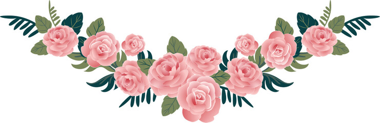 Pink roses with floral green leaves frame for sweet wedding card, celebrate,