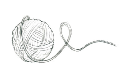 Hand-drawn graphite pencil sketch of ball of thread for embroidery, knitting. Freehand pencil drawing isolated on white - obrazy, fototapety, plakaty