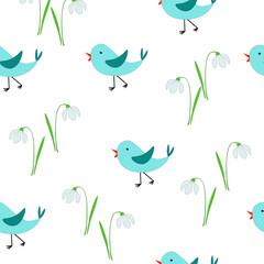 Seamless pattern abstract blue birds, snowdrops on white background. Cute bluebirds, galanthus childish print, vector eps 10
