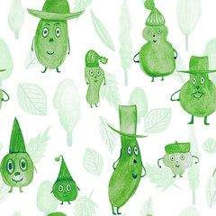 Naklejka premium Watercolor seamless pattern, green funny kids in hats in the park on a white background for your childish book and linen design