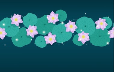 Seamless border patern of lotus flowers and leaves on dark water.