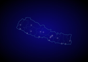Obraz premium Nepal concept vector map with glowing cities, map of Nepal suitable for technology,innovation or internet concepts.
