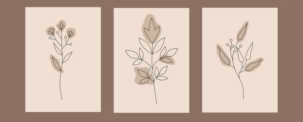 Hand drawn minimalistic vector flowers and branches. Set of trendy posters with plants on a beige background. Linear modern art. Botanical posters in boho style.