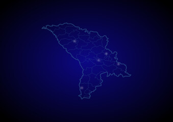 Moldova concept vector map with glowing cities, map of Moldova suitable for technology,innovation or internet concepts.