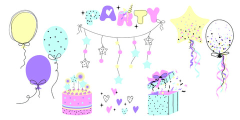 Doodle Birthday Magical Party decoration collection. Cute cartoon design. Vector illustration set	
