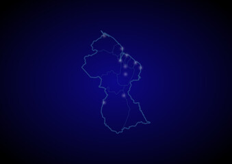 Guyana concept vector map with glowing cities, map of Guyana suitable for technology,innovation or internet concepts.