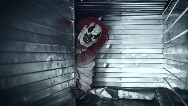 Scary clown attacks in a closed ventilation duct. Scary psychopath in a suit.