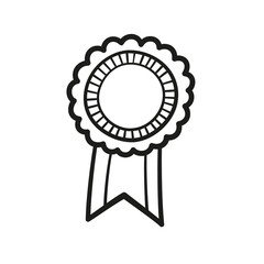 Award rosette doodle icon. Hand drawn medal with first place as winner concept. Vector sketch illustration on white background.