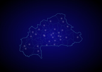 Burkina Faso concept vector map with glowing cities, map of Burkina Faso suitable for technology,innovation or internet concepts.