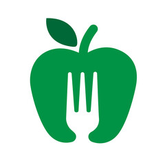 Vector icon on green apple with fork on white background.