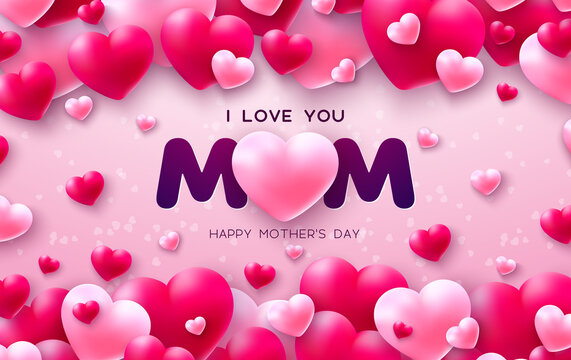 Happy Mother's Day Illustration with Heart and I Love You Mom Typography Lettering on Pink Background. Vector Mother Day Design for Greeting Card, Banner, Flyer, Brochure, Poster.