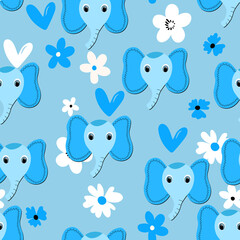 Seamless pattern with cute elephant face on color floral background. Vector flat animals colorful illustration for kids. Adorable cartoon character. Design for textures, card, poster, fabric, textile