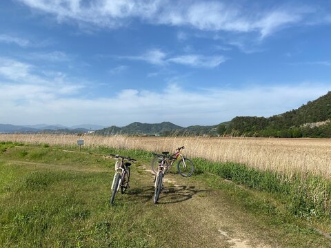 Two old bicycles standing on a wide plain