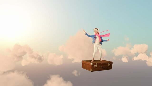 A little girl flies on a trip travel journey in a old vintge suitcase of luggage among pink clouds. To meet adventures. Travel concept.