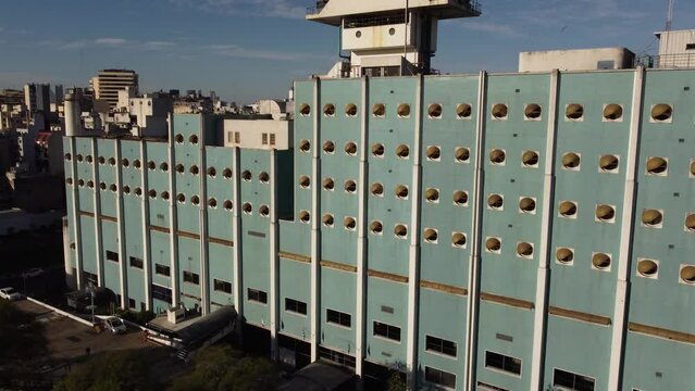 Details of modern Hospital Naval building of Buenos Aires in Argentina. Aerial drone circling view