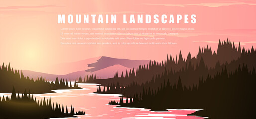 Illustration of a mountain landscape. Sunrise and sunset over mountains, pine forests, and lakes.