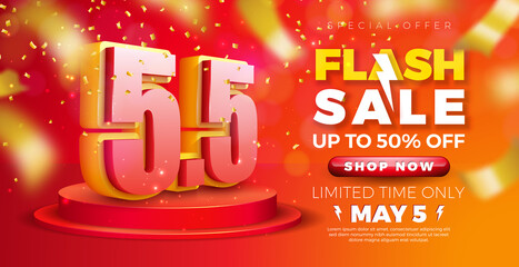 Promotional Business Flash Sale Design with 3d 5.5 Number on Podium and Falling Confetti on Red Background. Vector May 5 Special Offer Illustration for Coupon, Voucher, Banner, Flyer, Poster or