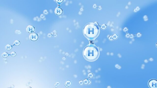 Hydrogen molecule. We move to the molecular level and fly up to the hydrogen molecule. The blue concept of green energy. Carbon free.