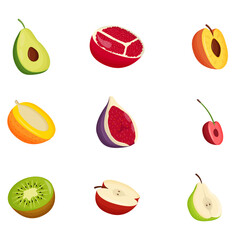 Set of half fruits. Vegetarian food, healthy eating concept. Avocado, pomegranate, peach, mango, fig, cherry, kiwi, apple, pear. Flat vector illustration
