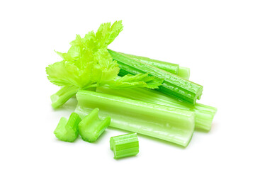 Fresh Chopped Celery Sticks and Slices with Leaves and Water Drops Isolated on White Background. Vegan and Vegetarian Culture. Raw Food. Healthy Diet with Negative Calorie Content